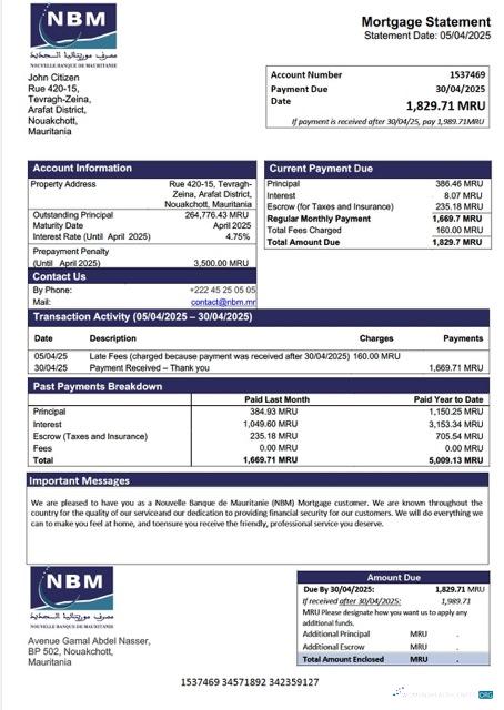 Mauritania Nouvelle Banque de Mauritanie (NBM) mortgage statement Word and PDF template